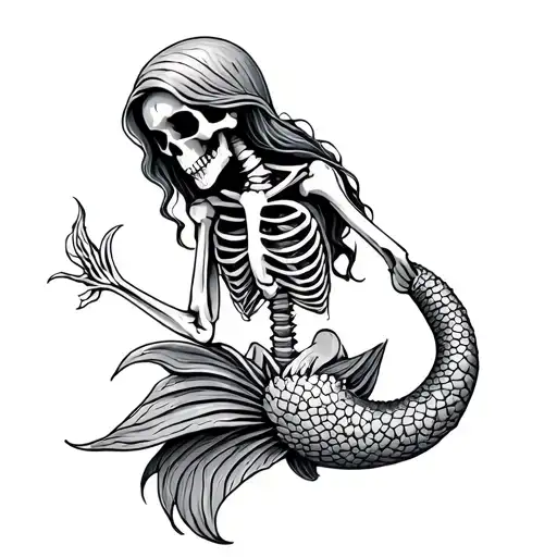 Mermaid Skeleton In Wood Carving Style