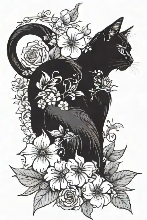 Flowers And A Black Cat Tattoo Design