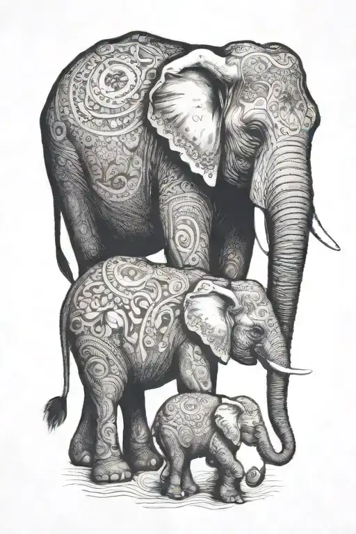 Mother Elephant And Her Two Young Children Playing