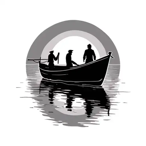 Small Tin Boat With Three Silhouettes On The Lake At Sunset