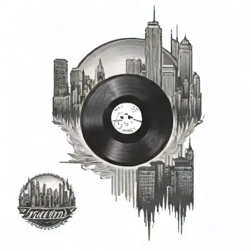 A Tattoo Of A Vinyl Record With A City Skyline In The Background