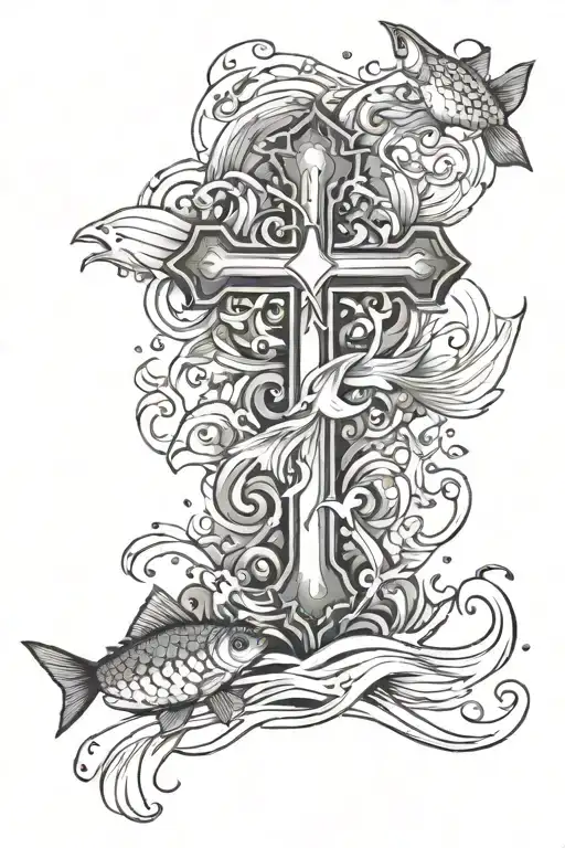 A Empty Cross In Water With Coi Fish Surrounding