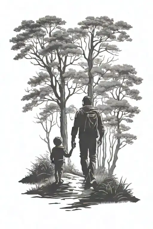 Father And Son Silhoutte Walking Into Woods
