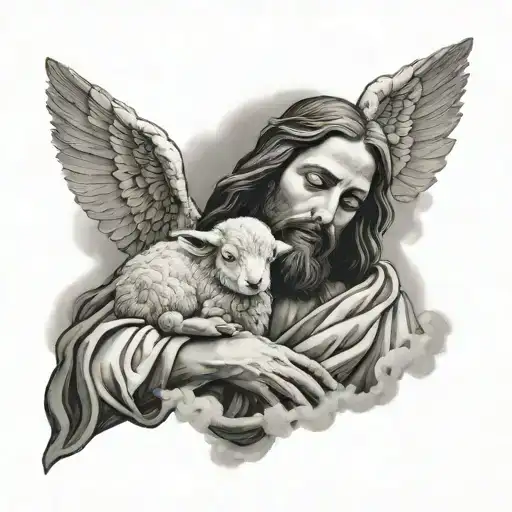 Jesus Holding A Cloud Lamb While Looking At It In His Arms
