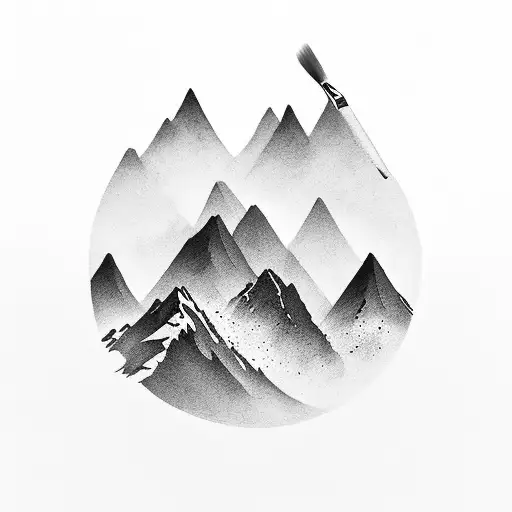 A Minimalist Black-grey Tattoo Of A Paintbrush Transforming Into A Majestic Mountain Range