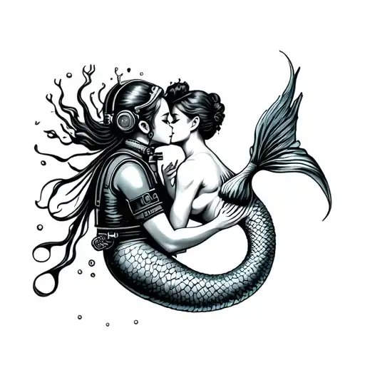 Deep Sea Diver Kissing Mermaid Swimming