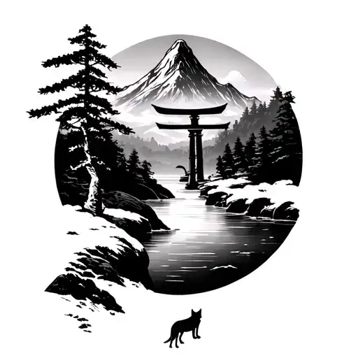 Torii With Mountain And River And In The Distance A Lynx