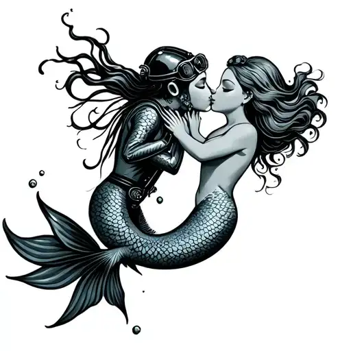 Deep Sea Diver Kissing Mermaid Holding