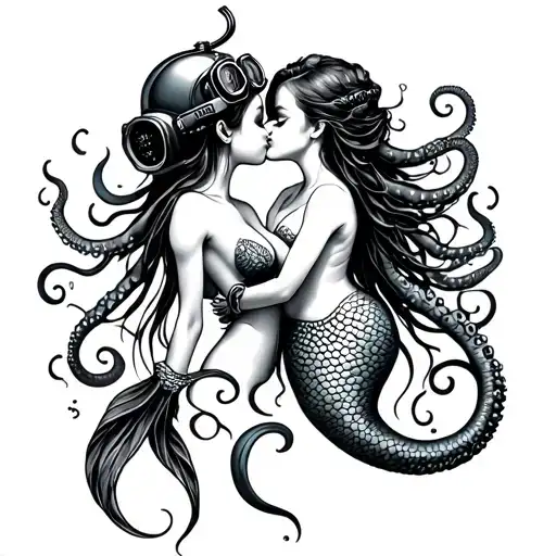 Deep Sea Diver Kissing Mermaid Full Body Tentacles