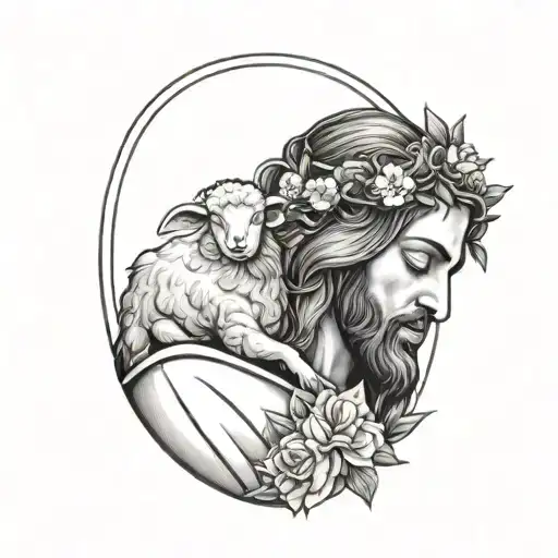 Jesus Holding A Sheep In His Hands With His Eyes Closed With Flowers