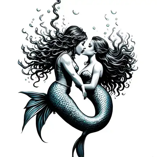 Deep Sea Diver Kissing Mermaid Full Body Little Lines