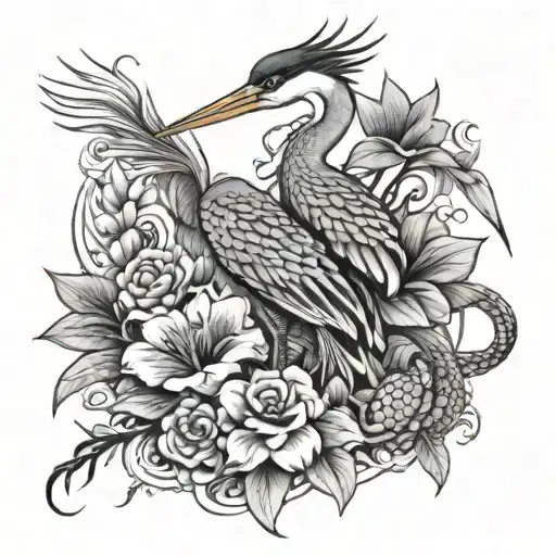 Heron Flowers Fighitng Snake