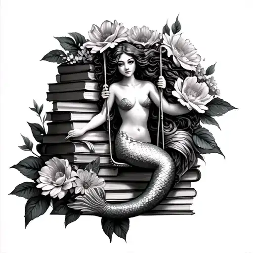 Flowers Surrounding A Stack Of Books With A Mermaid On A Swing
