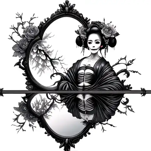 Gothic Style Mirror With Reflection Of A Spooky Geisha That Is Partially Skeletal