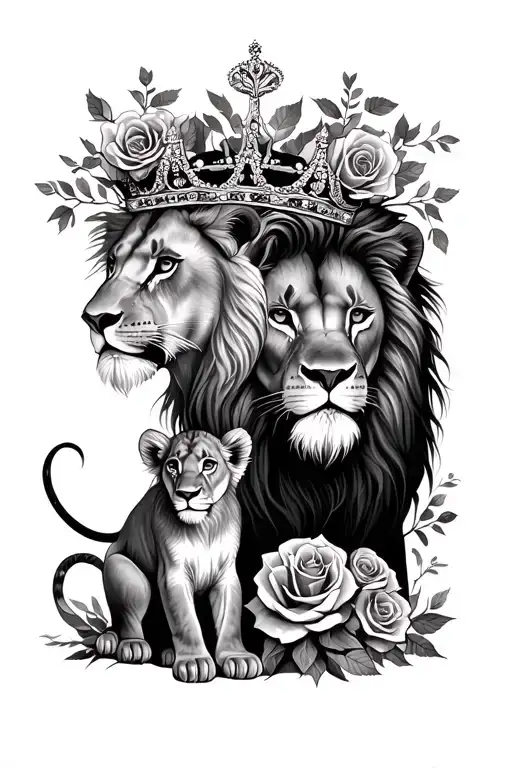 Lioness Surrounded By Lion Cub & Daddy Lion With A Crown & Roses
