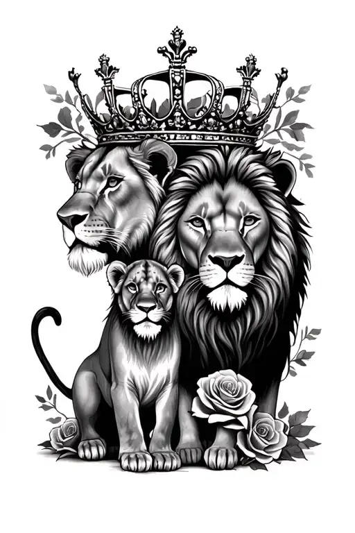 Lioness Surrounded By Lion Cub & Daddy Lion With A Crown & Roses