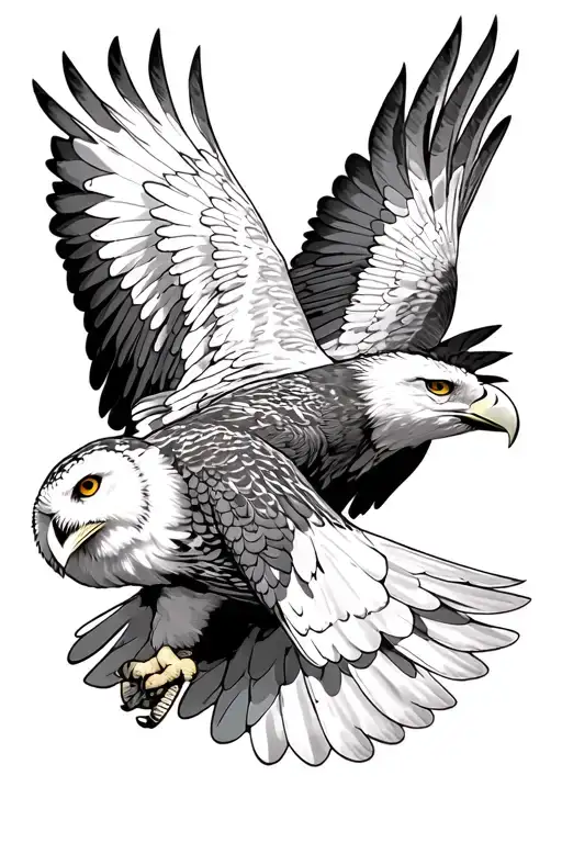 Snowy Owl And Bald Eagle Flying Together Symbolizing My Passed Grandparents