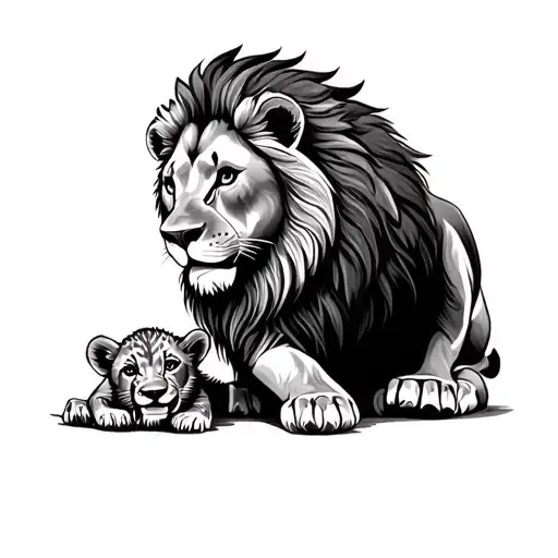 Grandad Lion And Cub Playing Together