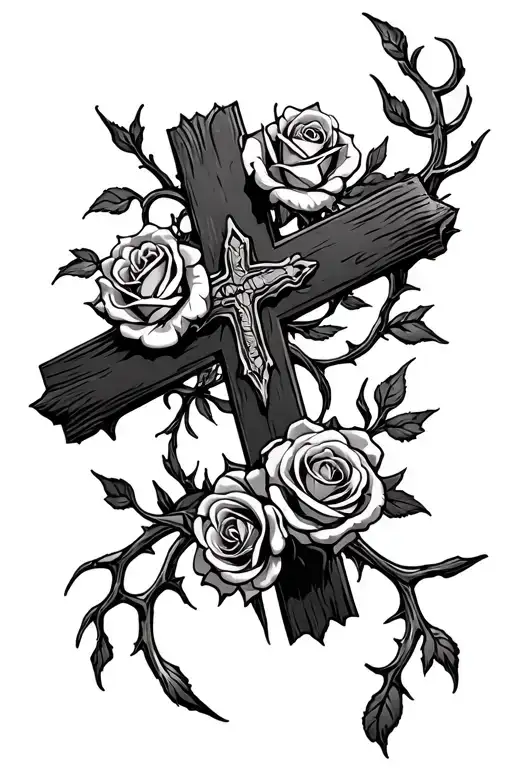 Christian Cross With Roses And A Crown Of Thornes