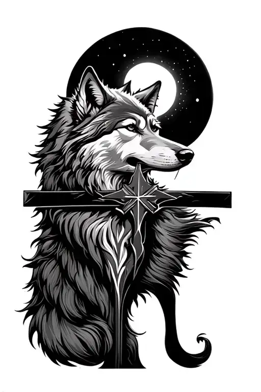 Cross Wolf And Moon