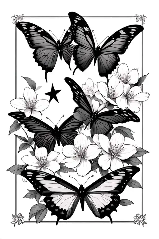 4 Butterfly Ranks With Cherry Blossoms And Star Underneath