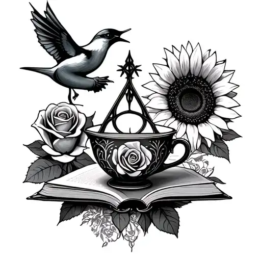 Deathly Hallows Surrounded By Rose Sunflower Book Swallow Teacup