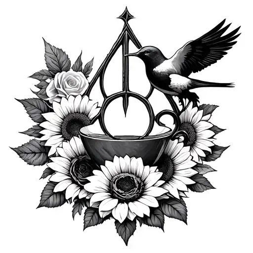 Deathly Hallows Surrounded By Rose Sunflower Book Swallow Teacup Line Drawing
