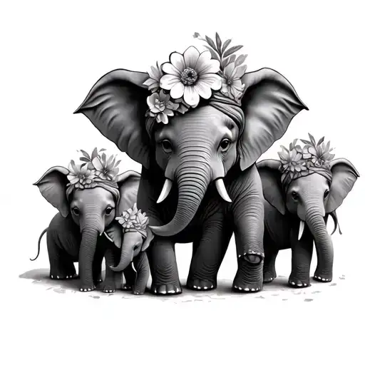 Mom And 4 Baby Elephants With Flower With Flower Head Wraps