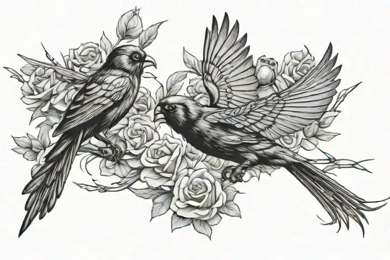 Black Widow Chasing Two Sparrows Flying