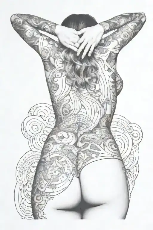 Woman Back Torso Showing Head To Thighs In Fine Line