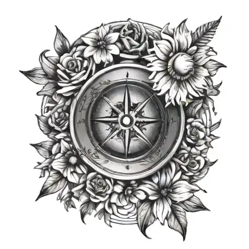 Moon And Stars With Flowers And A Compass Surrounded