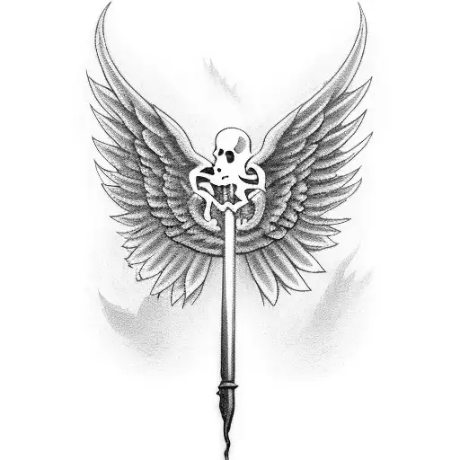Death With Angel Wings The Colour Red In There And A Spear With A Heart On It
