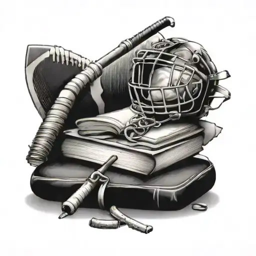 Incorporate A Stack Of Books Into A Tattoo Design With Subtle Football And Hockey Elements