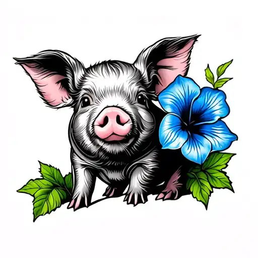 Traditional Style Tattoo With A Baby Pig And A Blue Morning Glory Flower