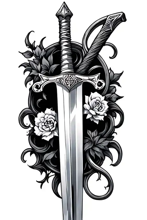 999 With Sword Going Through It Vertical Tattoo Design