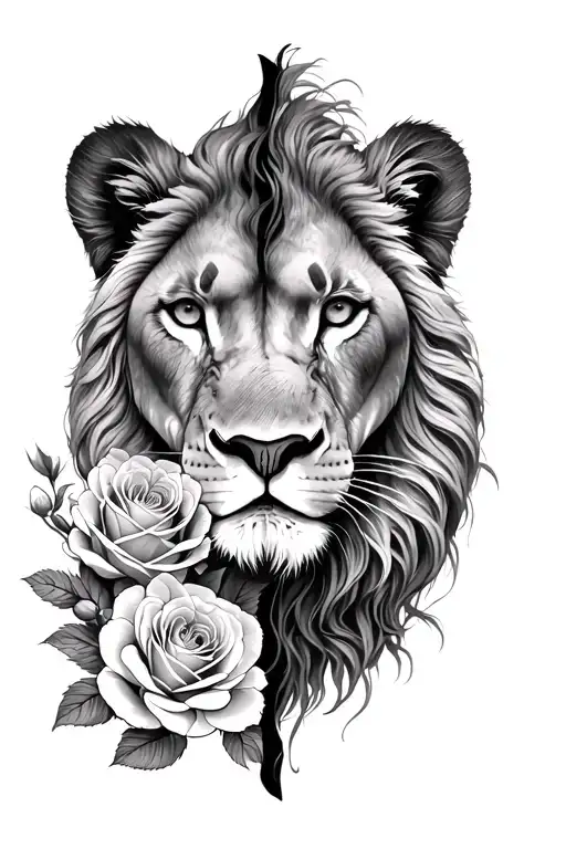 Half Lioness Face Half Roses And Carnations Black And White