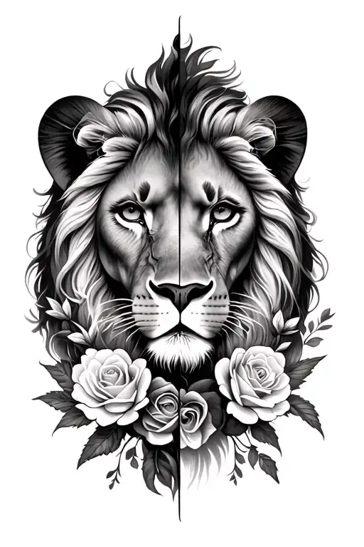 Half Female Lion Face Half Roses And Carnations Symmetric