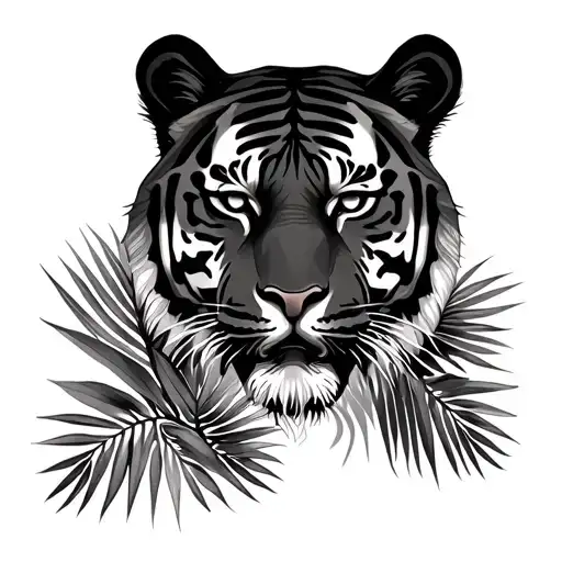 Tiger Face Surrounded By Palm Leaves