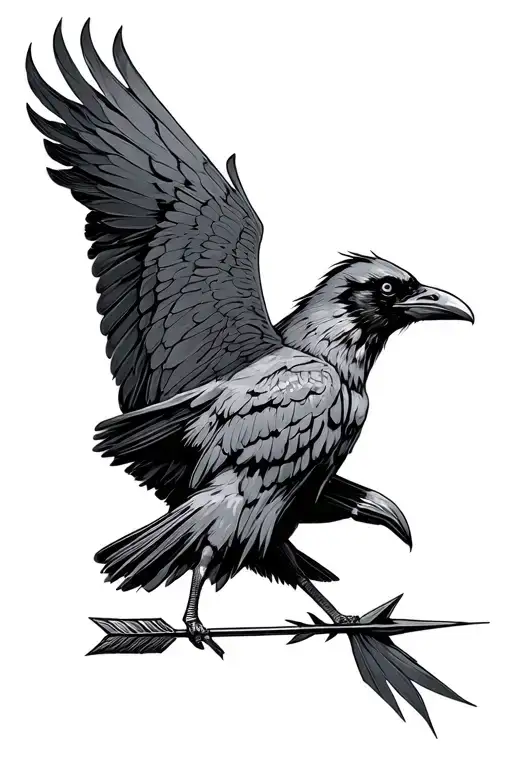 Sketch Desing Flying Raven With Arrow On Its Feet