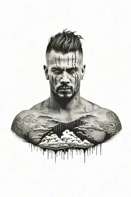 Cloud With Rain Tattoo On A Mans Left Chest And Upper Shoulder