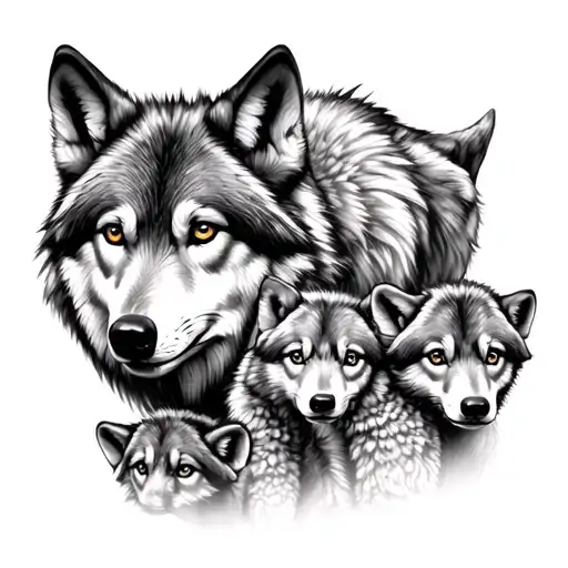 Female Wolf And Cubs