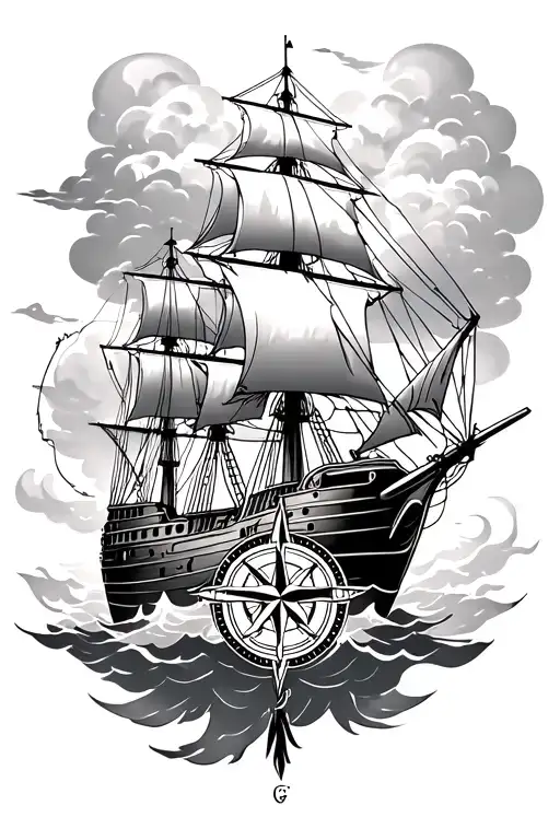 Clouds Ship Sailing Compass Rose Intertwined