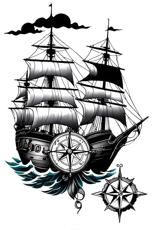 Clouds Ship Sailing Compass And Rose Intertwined