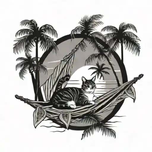 A Tattoo Of A Cat Lounging In A Hammock Between Two Palm Trees With The Sun Shining Down
