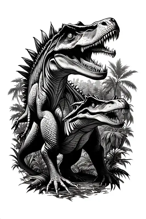 Tiranosaure Rex Who Eats Another Dinosaur On A Jungle Background