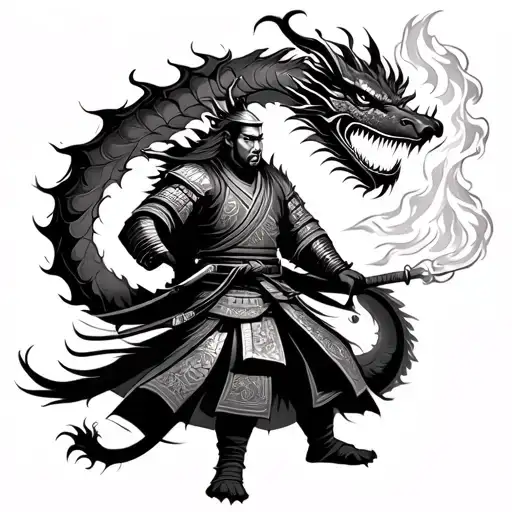 Japanese Samurai Warrior With A Dragon Breathing Fire