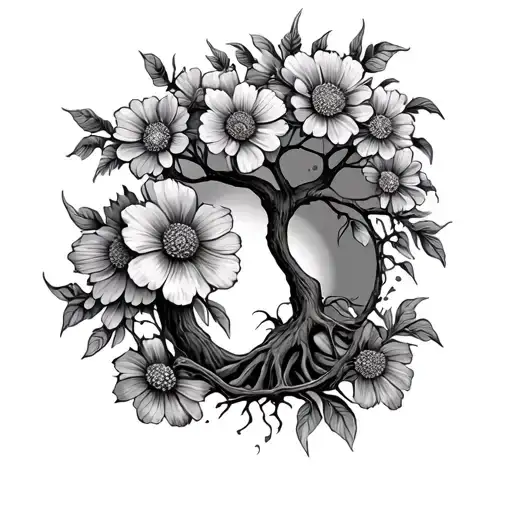 Tree Of Life With Marigolds And Cosmos Flower