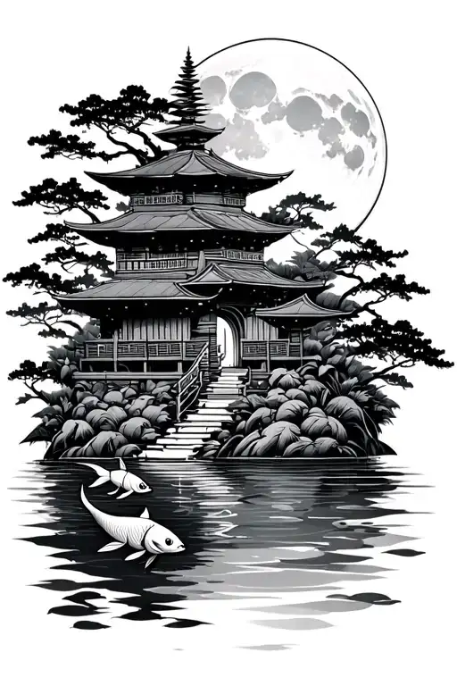Mixture Of Polynesian And Japanese Temple With Clods And Moon With A Lake With Koi Fish