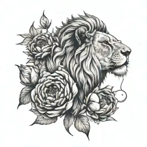 Lion And Peonies Flower