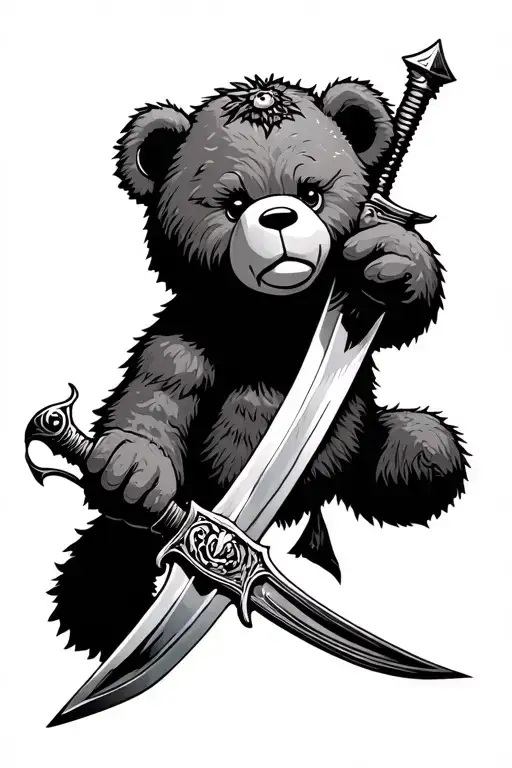 Teddy Bear Holdign A Sword Entering A Haunted Forrest
